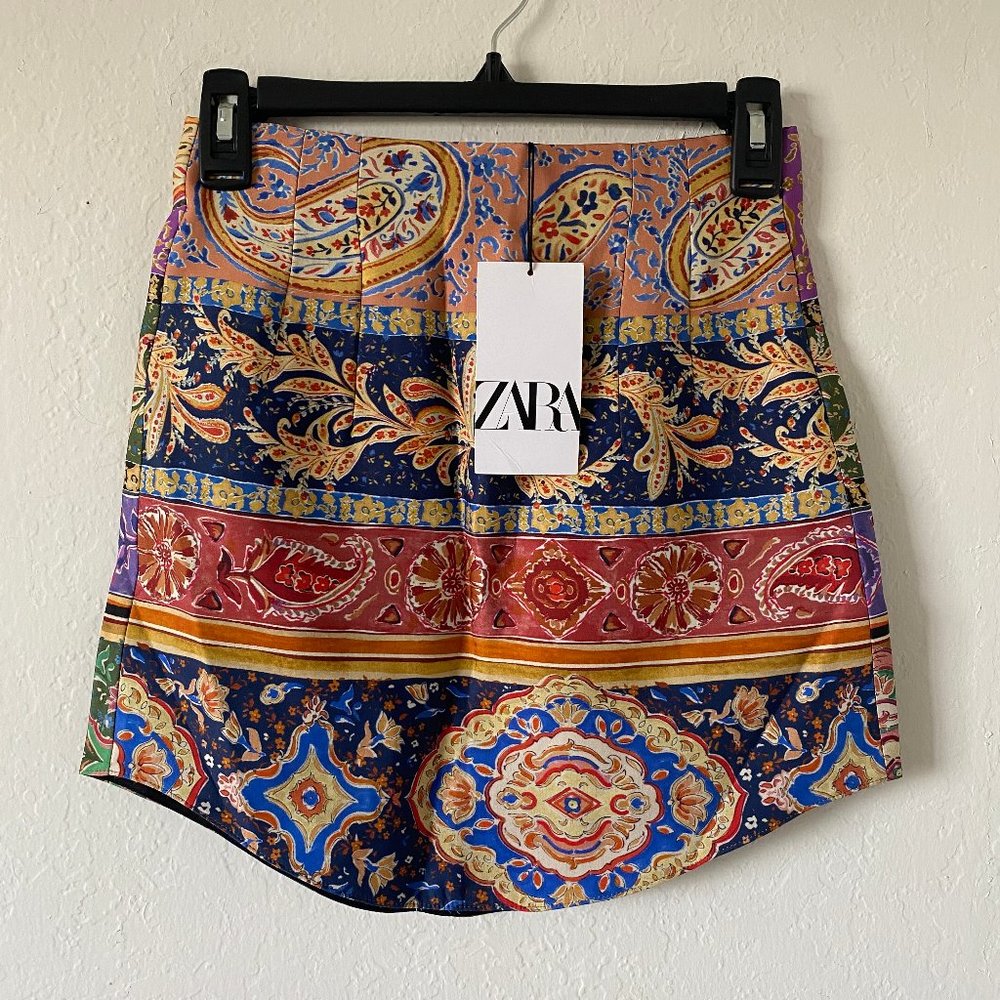 Zara Womens Skirt Paisley Victorian Mini Short Size XS Multicolor Zip Summer